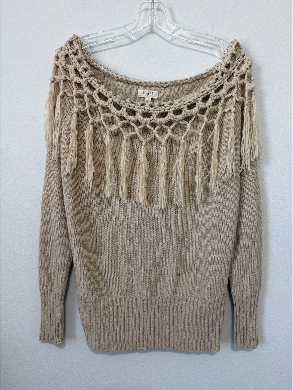 UMGEE Cotton Blend Long Sleeve Fringe Off-the-Shoulder Boho Sweater Size S